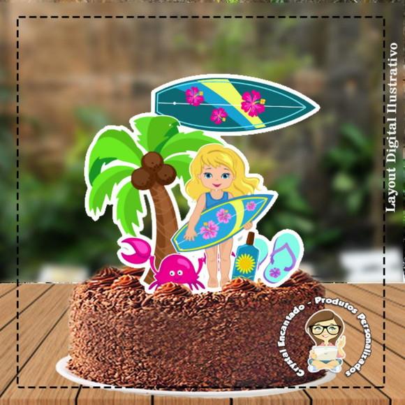 Topo de Bolo Menina Loira Surf 4556 Arquivo Digital