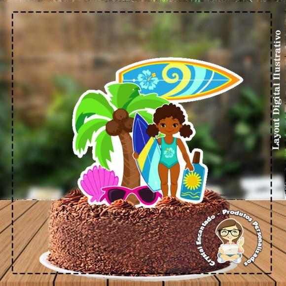 Topo de Bolo Menina Morena Surf 4555 Arquivo Digital
