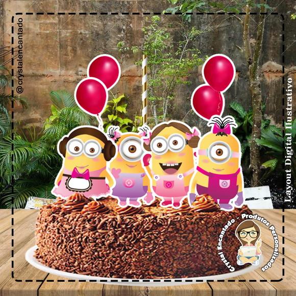 Topo de Bolo Minions Rosa 2708 Arquivo Digital