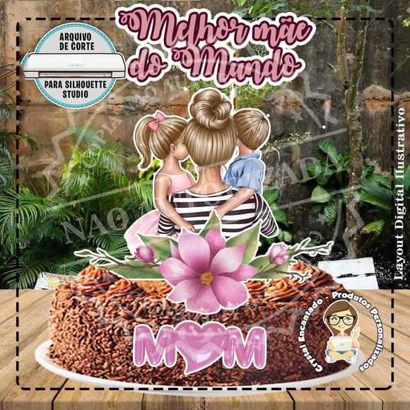 Topo de Bolo Mulher Filho e Filha - Ref 4495 Arquivo Digital