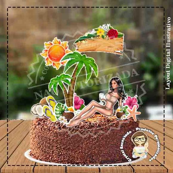 Topo de Bolo Praia Mulher Morena - Ref 3350 Arquivo Digital