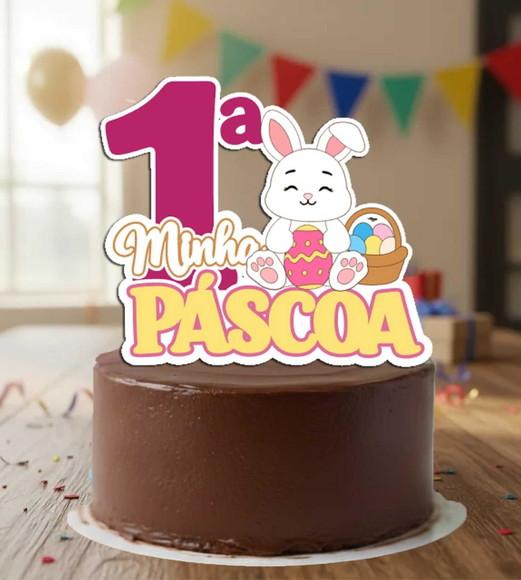 Topo de Bolo Primeira Páscoa Rosa - 7043 Arquivo Digital