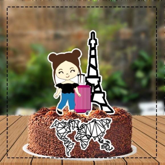 Topo de Bolo Viagem Menina Paris - Ref 5198 Arquivo Digital