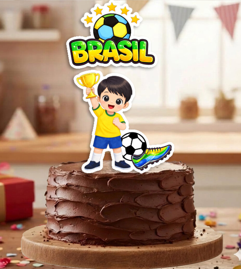 Topo de Bolo Futebol Brasil Menino Taça - 7174 Arquivo Digital