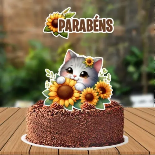 Topo de Bolo Bichos Gatinho Girassol - 5695 Arquivo Digital