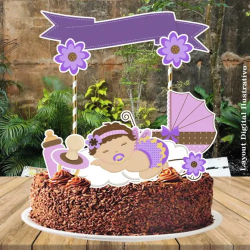 Topo de Bolo Cha de Bebe Lilas - 0179 Arquivo Digital