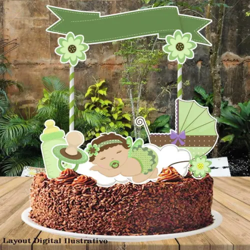 Topo de Bolo Cha de Bebe Verde - 0623 Arquivo Digital