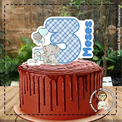 Topo de Bolo Elefante Azul 3 Meses - 4425 Arquivo Digital