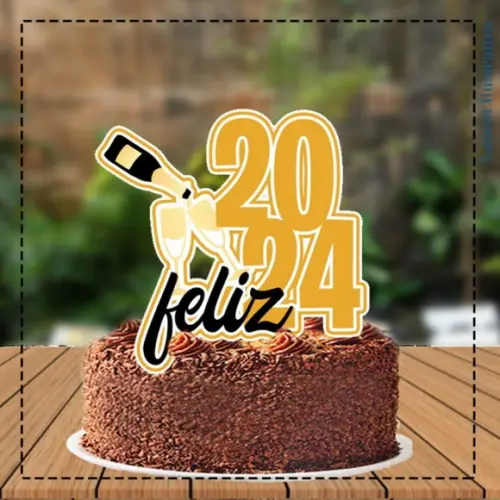 Topo de Bolo Feliz 2024 Champagne - Ref 5384 Arquivo Digital
