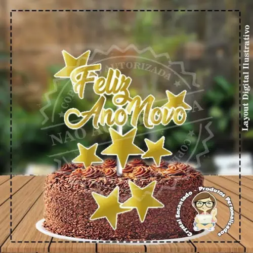 Topo de Bolo Feliz Ano Novo Ref 3296 - Arquivo Digital