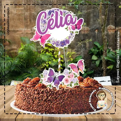Topo de Bolo Flores e Borboletas - Ref 1806 Arquivo Digital