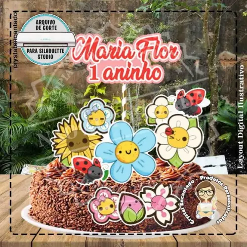 Topo de Bolo Flores Kawaii - Ref 1805 Arquivo Digital