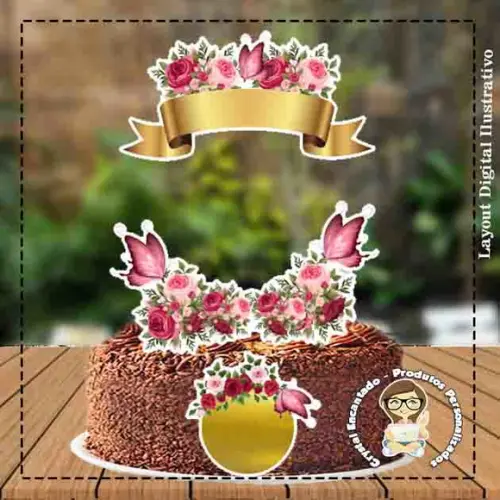 Topo de Bolo Flores Rosas - Ref 3480 Arquivo Digital