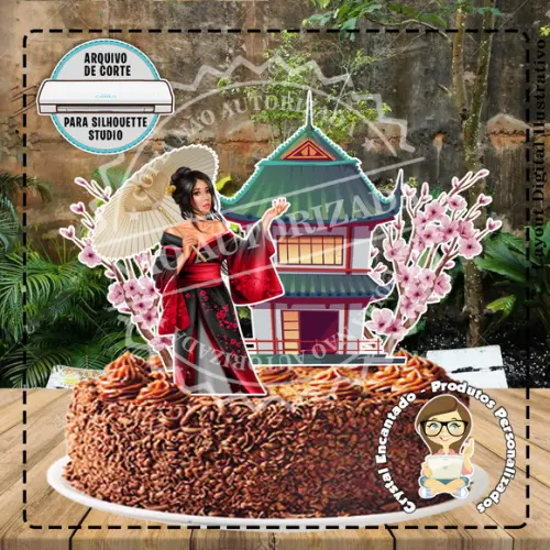Topo de Bolo Japonesa Mulher Vermelha - 4239 Arquivo Digital