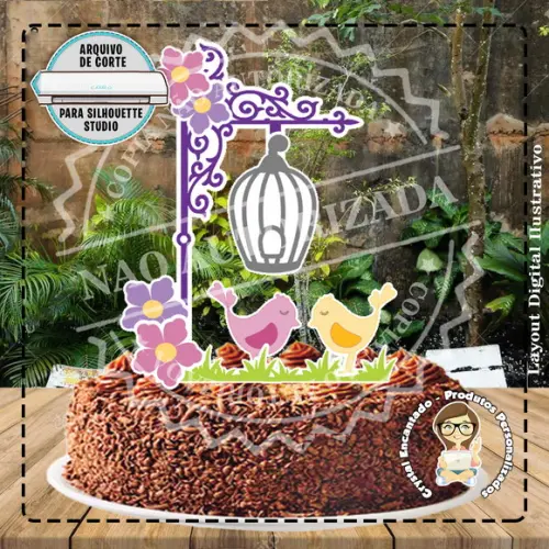 Topo de Bolo Jardim Passarinho - Ref 4245 Arquivo Digital