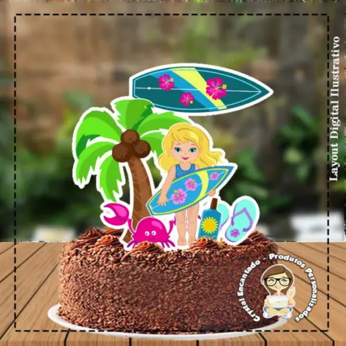 Topo de Bolo Menina Loira Surf 4556 Arquivo Digital