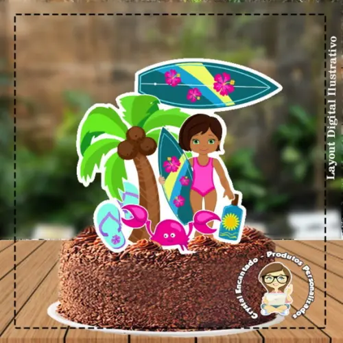 Topo de Bolo Menina Morena Surf 4557 Arquivo Digital