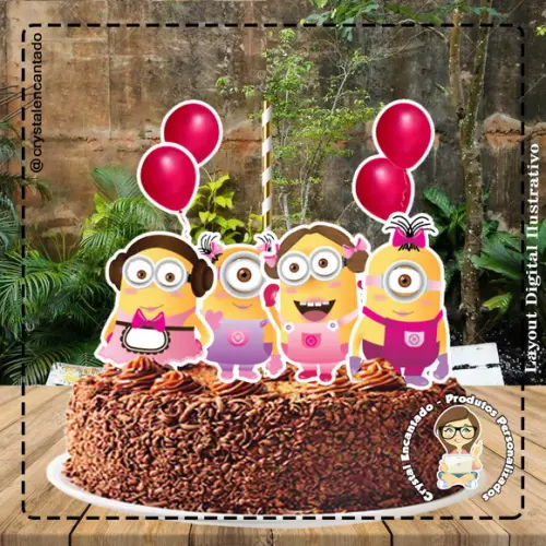 Topo de Bolo Minions Rosa 2708 Arquivo Digital
