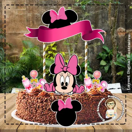 Topo de Bolo Minnie Baby Rosa - Ref 4409 Arquivo Digital