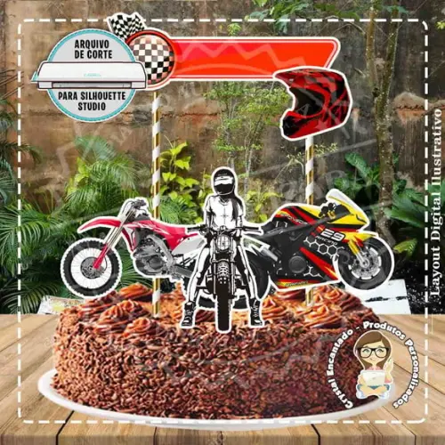 Topo de Bolo Motocross Vermelha - Ref 4474 Arquivo Digital