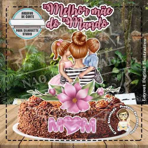 Topo de Bolo Mulher Filho e Filha - Ref 4498 Arquivo Digital