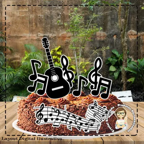 Topo de Bolo Musica Preto e Branco - 3099 Arquivo Digital