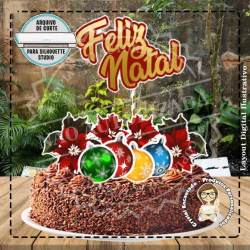 Topo de Bolo Natal Bolas e Flores - 4580 Arquivo Digital