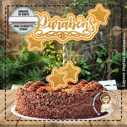 TOPO DE BOLO PARABENS DOURADO- REF 2425 ARQUIVO DIGITAL