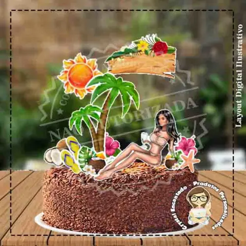 Topo de Bolo Praia Mulher Morena - Ref 3350 Arquivo Digital