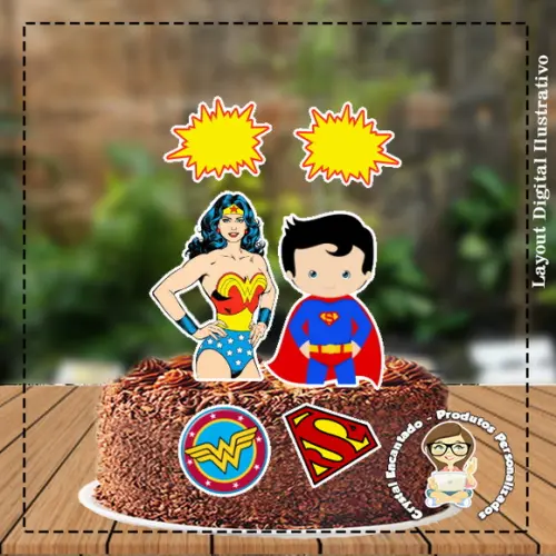Topo de Bolo Super Homem Mulher Maravilha - Ref 3513