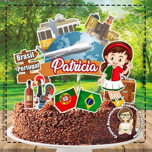 Topo de Bolo Viagem Brasil Portugal - Ref 2092 Arquivo Digit