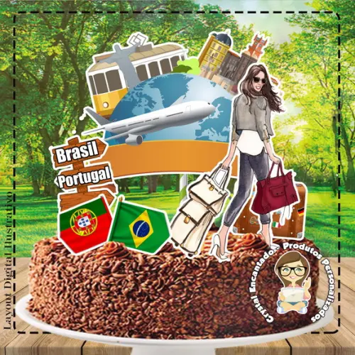 Topo de Bolo Viagem Brasil Portugal - Ref 2100 Digital