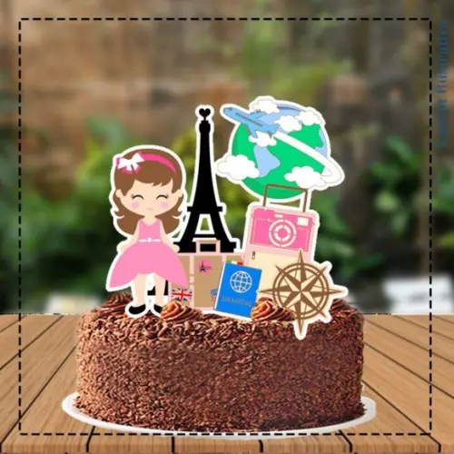 Topo de Bolo Viagem Paris Menina - Ref 5227 Arquivo Digital