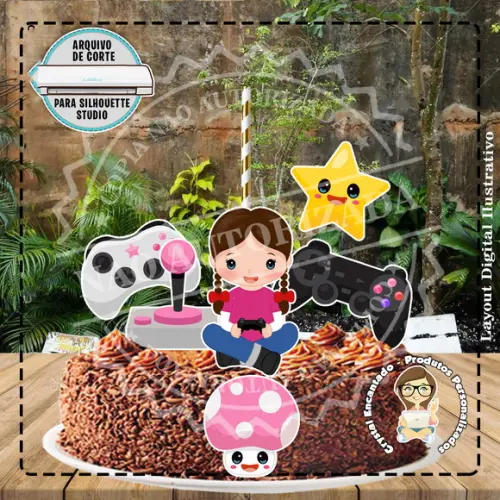 Topo de Bolo Video Game Menina - Ref 2115 Arquivo Digital