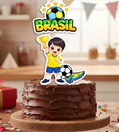 Topo de Bolo Futebol Brasil Menino Taça - 7174 Arquivo Digital