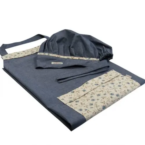 Avental Jeans Leve e Touca Chef Floral Azul e Natural
