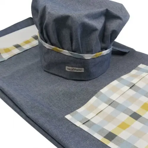 Avental Jeans Leve e Touca Chef Vichy Azul e Bege