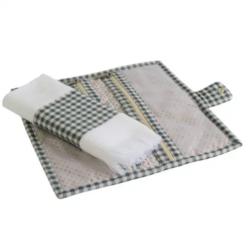 Necessaire Kit Higiene Bucal em Linho Xadrez Azul