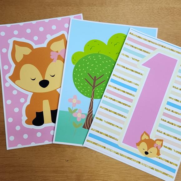 Três Pôsteres A4 Impressos para Decoração de Festa Raposinha