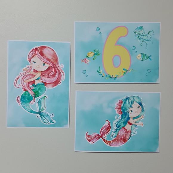 Kit Três Pôsteres A4 Impressos Decoração de Festa Sereia