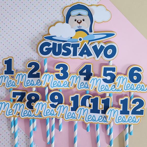 Kit Topos de Bolo Mesversário Bebê Ursinho Aviador