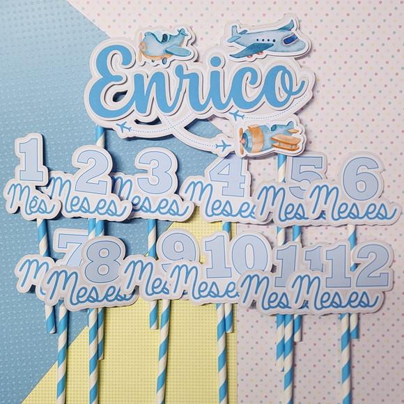 Kit Topos de Bolo Mesversário Bebê Personalizado Avião