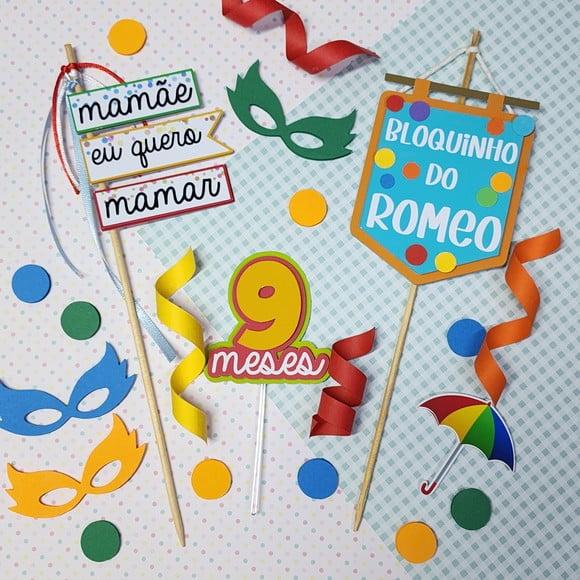 Topo de Bolo para Mesversário Bebê Tema Carnaval Bloquinho