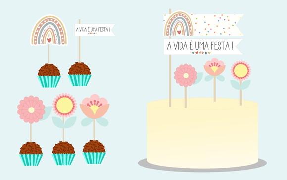 Papelaria Mesversário Jardim Boho Topo do Bolo e Toppers