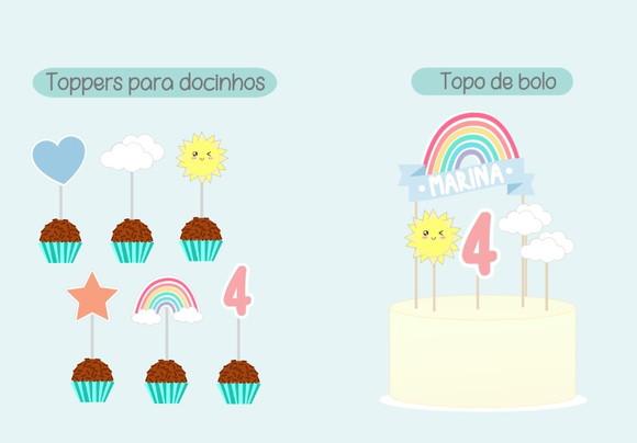 Papelaria Mesversário Topo do Bolo e Toppers Arco-íris