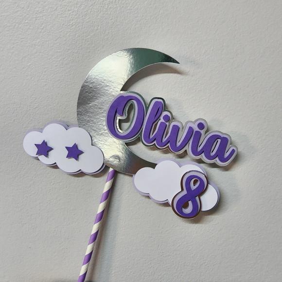 Topo de Bolo Personalizado Lua Prateada e Estrelas