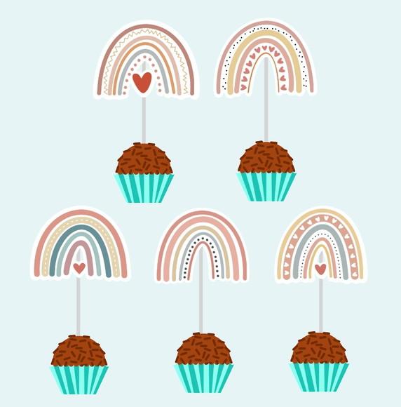 10 Toppers para Docinhos e Cupcakes Festa Arco-íris Boho