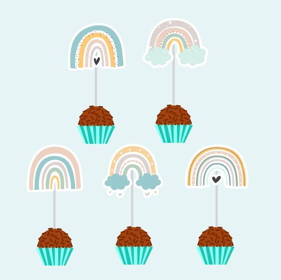 10 Toppers para Docinhos e Cupcakes Festa Arco-íris Boho