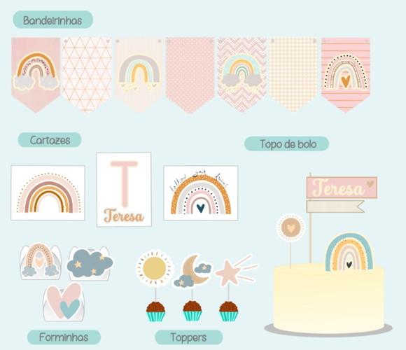 Festa Básica Kit Papelaria para Chá de Bebê Arco Íris Boho