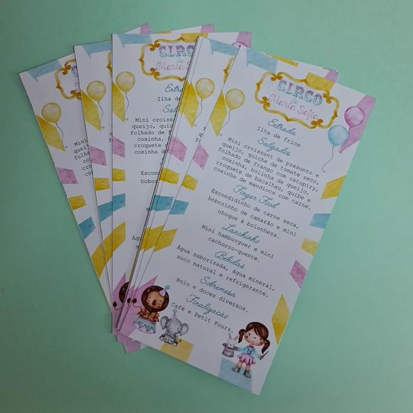 Cardápio Personalizado para Festa Infantil Circo Rosa Menina